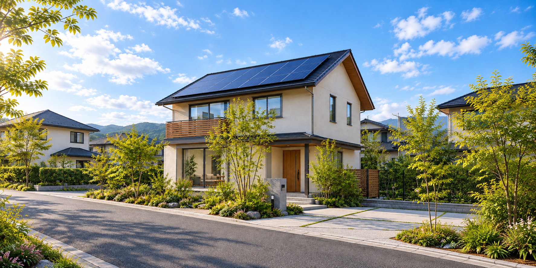 朝の自然光に包まれる太陽光パネルのある住まいのイメージ