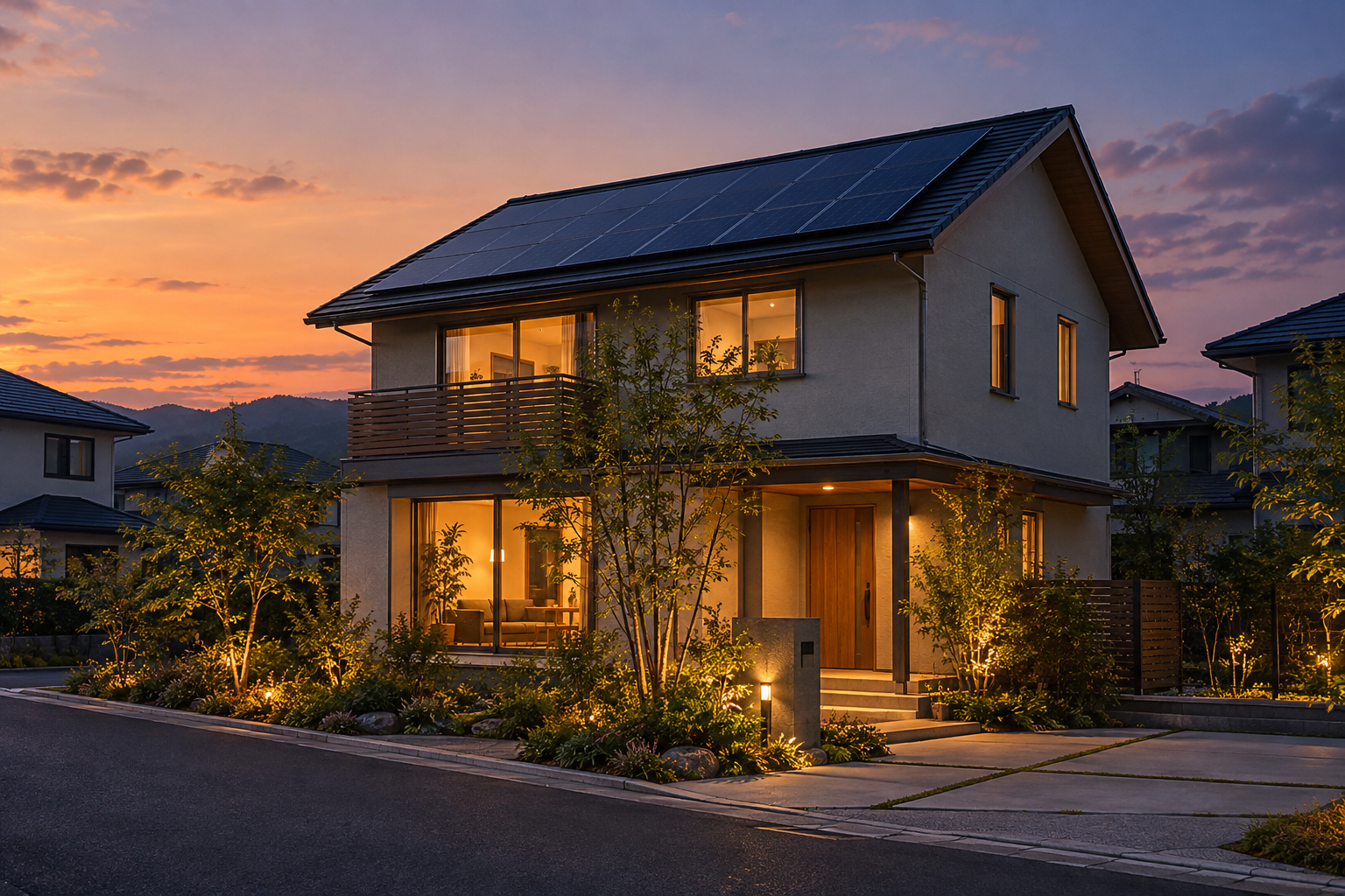 夕暮れの住まいに灯る明かりのイメージ